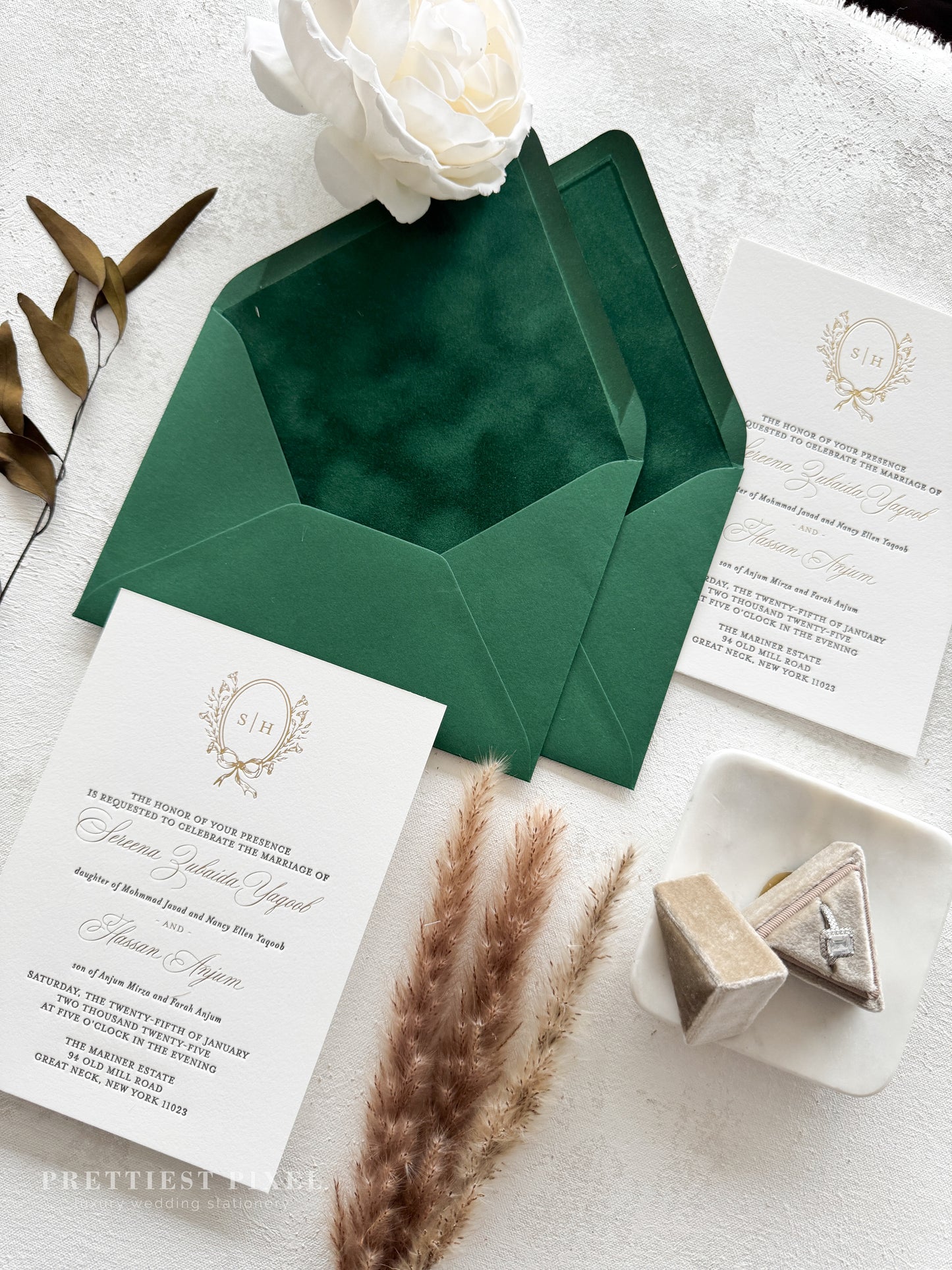 Forest Green Velvet Timeless Letterpress and Foil Wedding Invitations | Style 293
