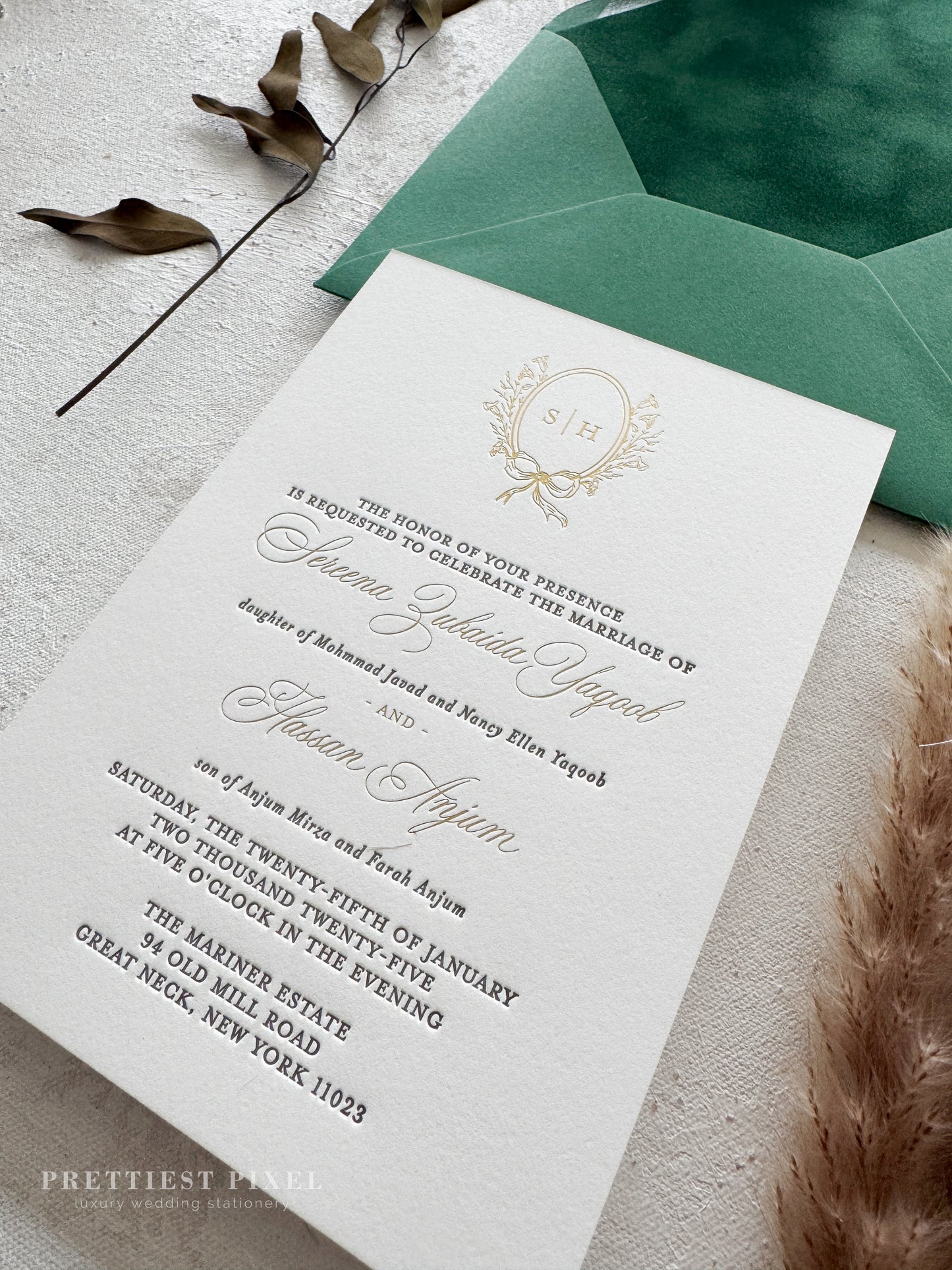 Forest Green Velvet Timeless Letterpress and Foil Wedding Invitations | Style 293