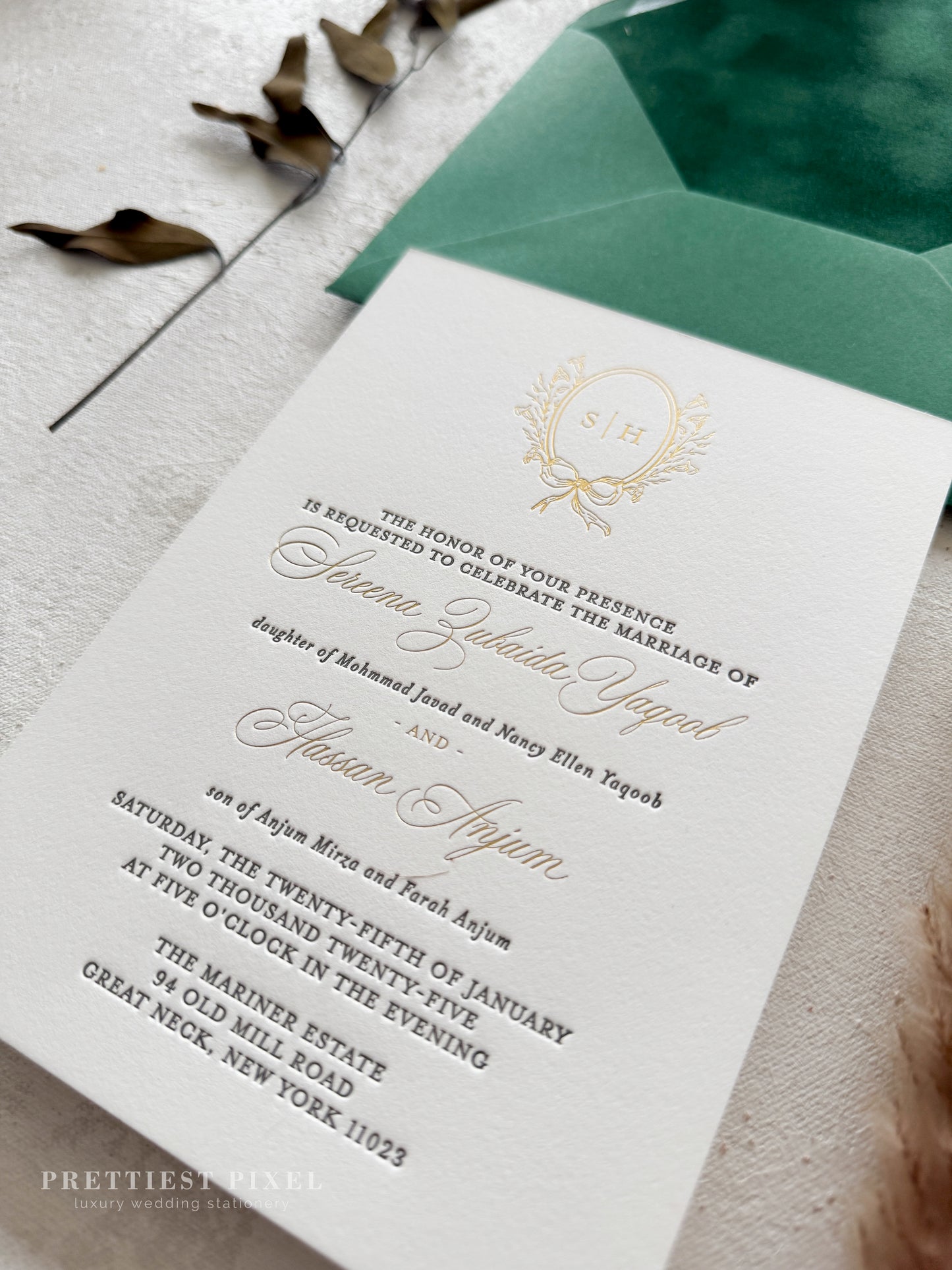 Forest Green Velvet Timeless Letterpress and Foil Wedding Invitations | Style 293