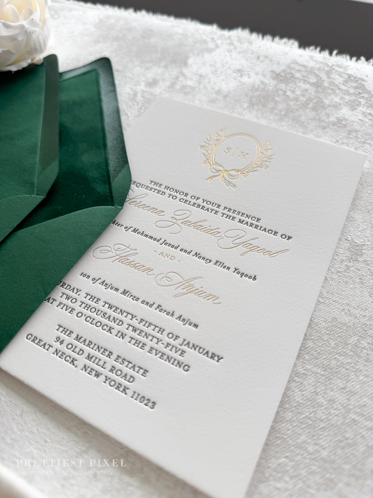Forest Green Velvet Timeless Letterpress and Foil Wedding Invitations | Style 293