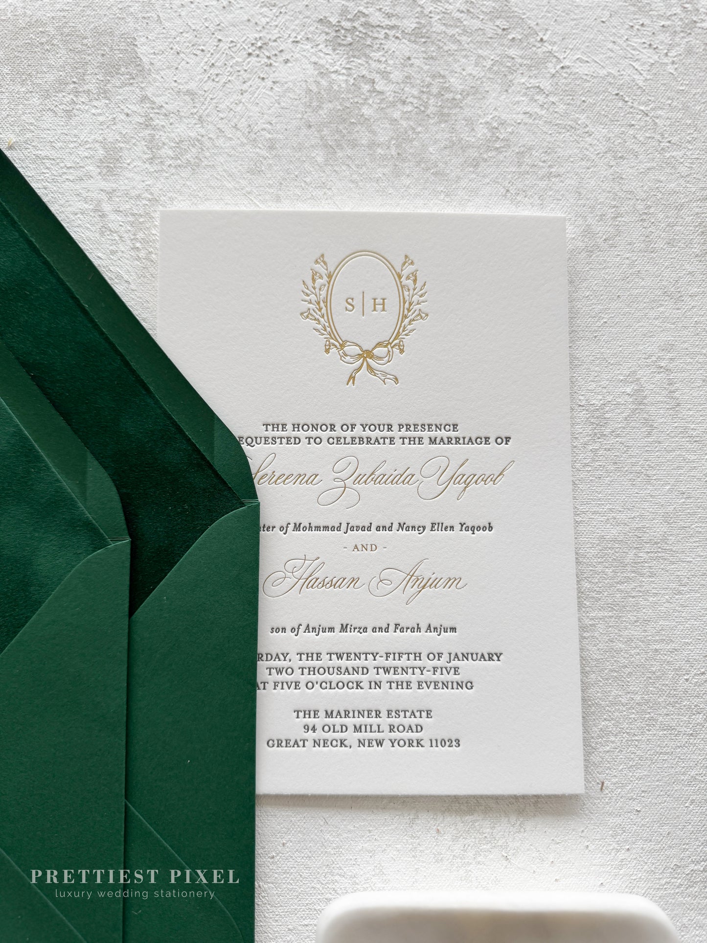 Forest Green Velvet Timeless Letterpress and Foil Wedding Invitations | Style 293