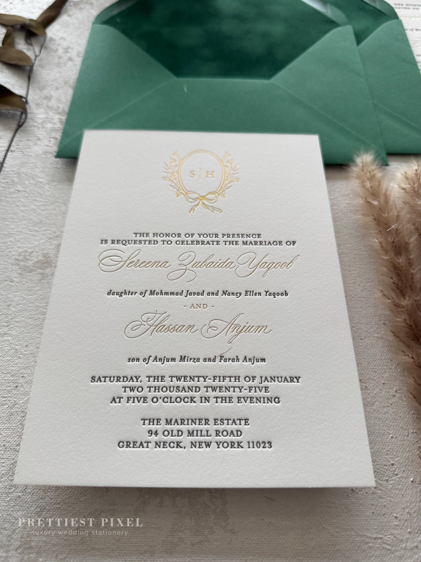Forest Green Velvet Timeless Letterpress and Foil Wedding Invitations | Style 293