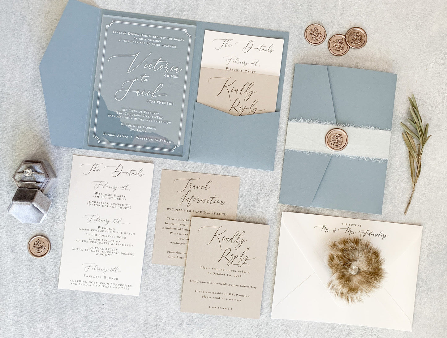 Dusty Blue Wedding Invitations | Custom Clear Acrylic Invitation | Elegant Invitations - Style 80 Option 3a