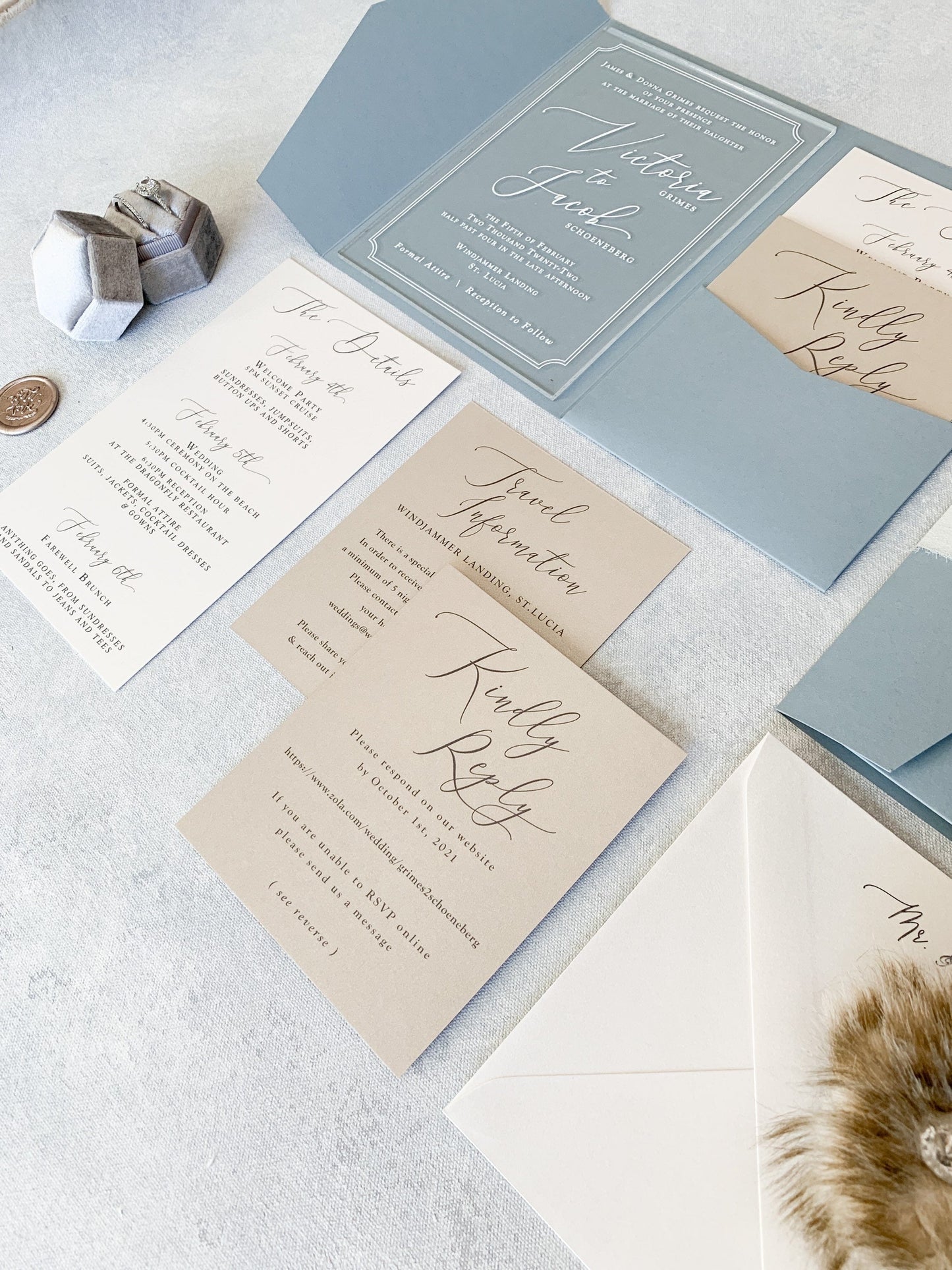 Dusty Blue Wedding Invitations | Custom Clear Acrylic Invitation | Elegant Invitations - Style 80 Option 3a