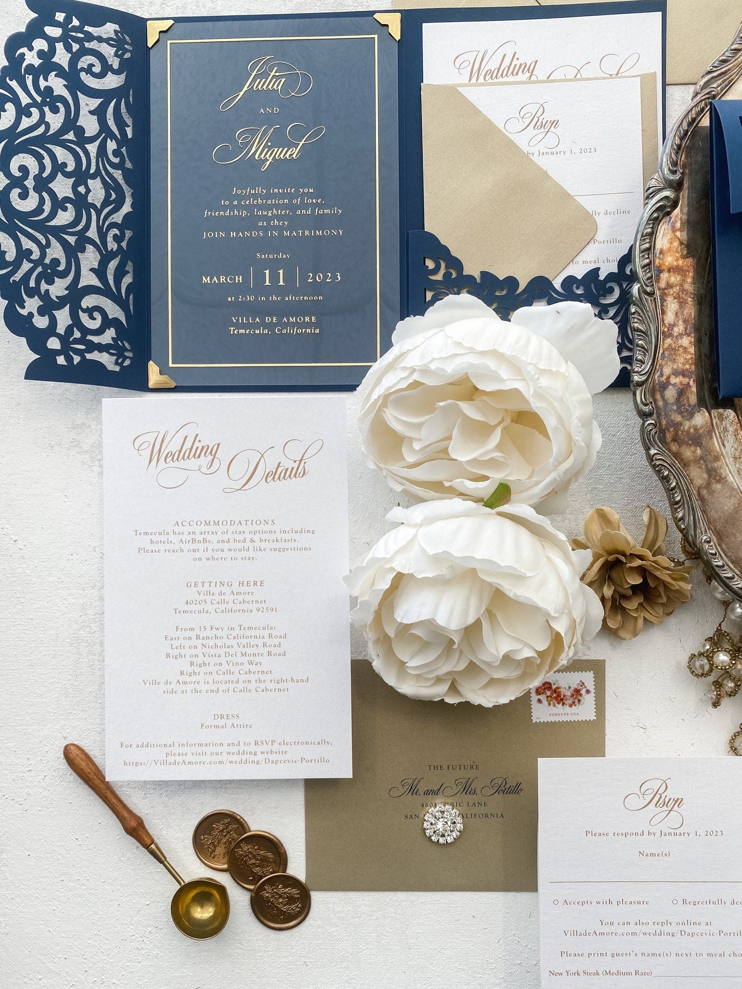Navy and Gold Lasercut Wedding Invitation | Style 299