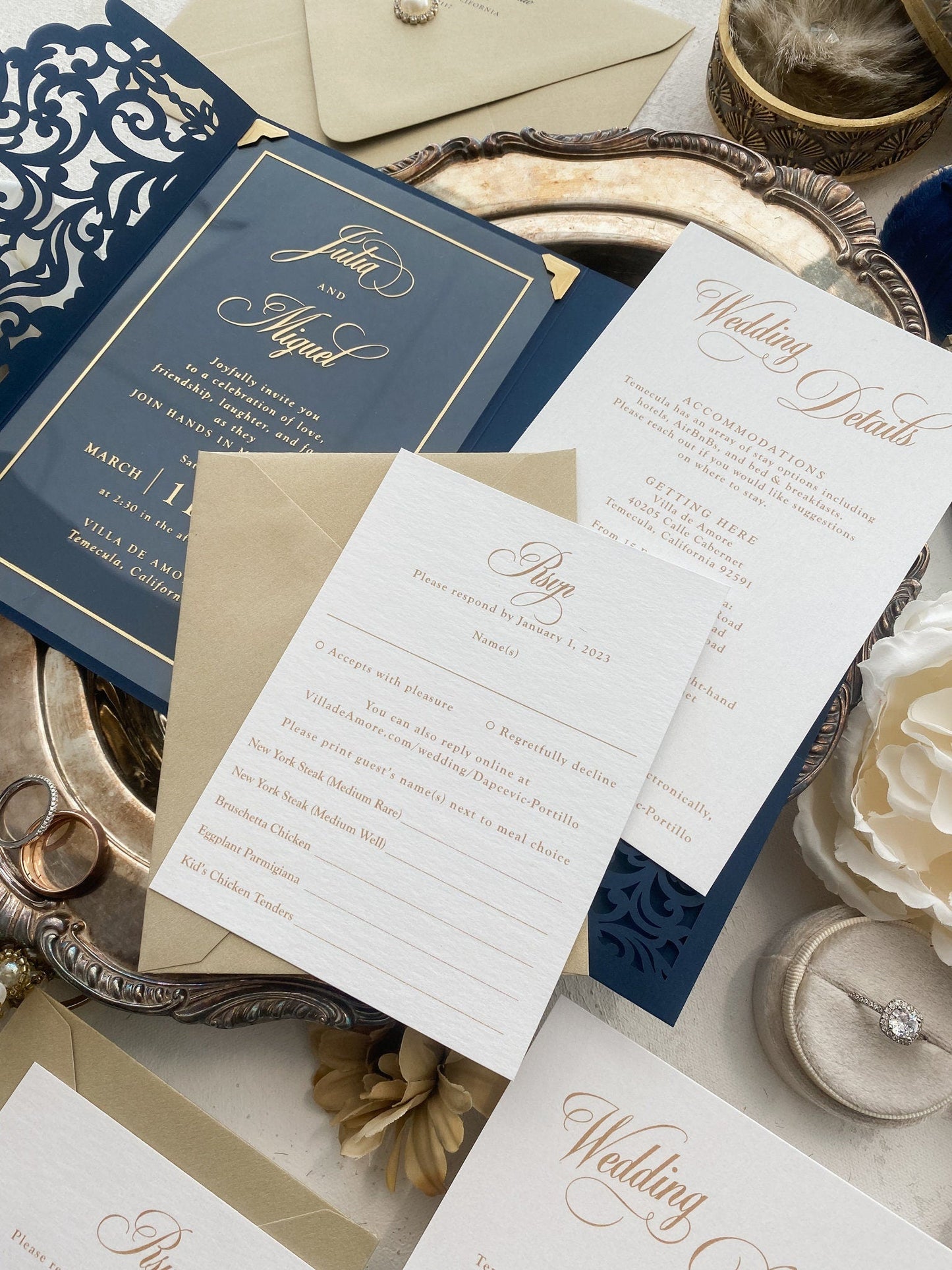Navy and Gold Lasercut Wedding Invitation | Style 299