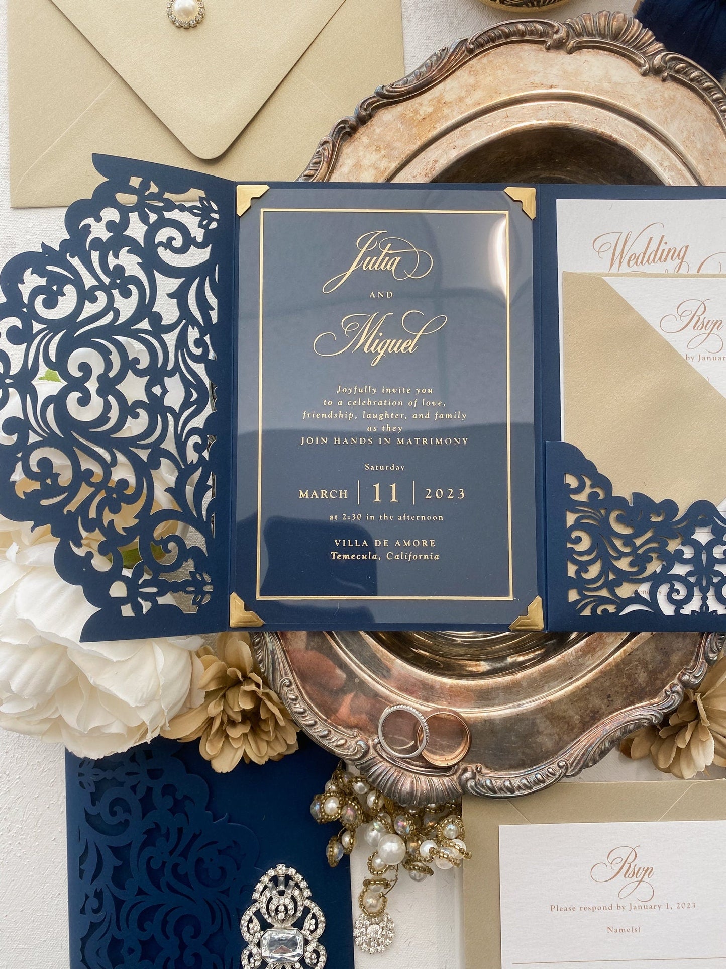 Navy and Gold Lasercut Wedding Invitation | Style 299