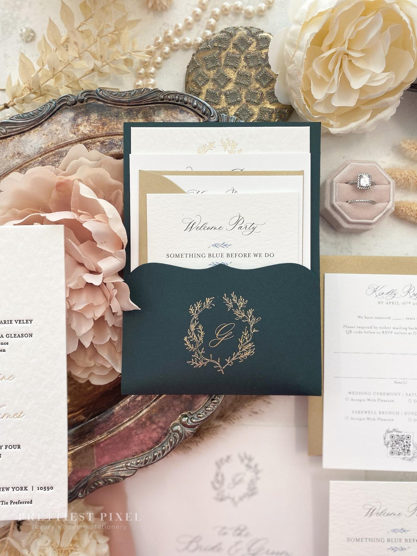 Hunter Green Pocket Letterpress Wedding Invitation | Style 311