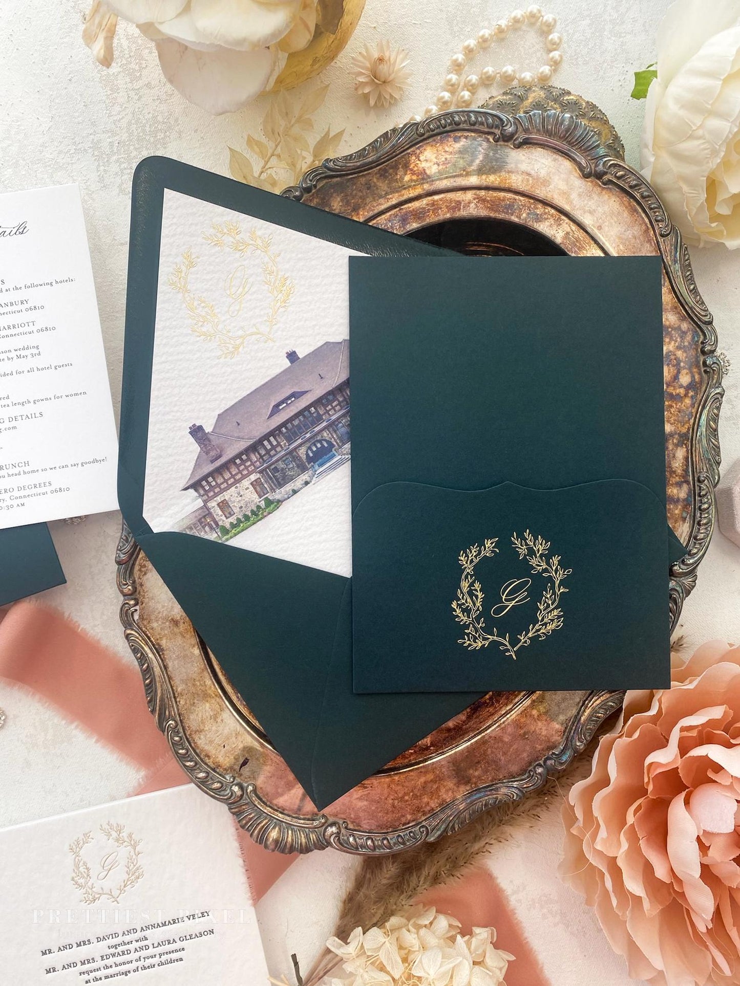 Hunter Green Pocket Letterpress Wedding Invitation | Style 311
