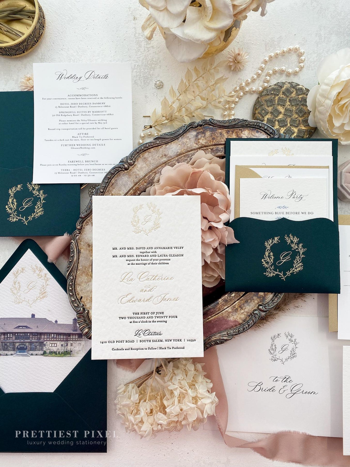 Hunter Green Pocket Letterpress Wedding Invitation | Style 311