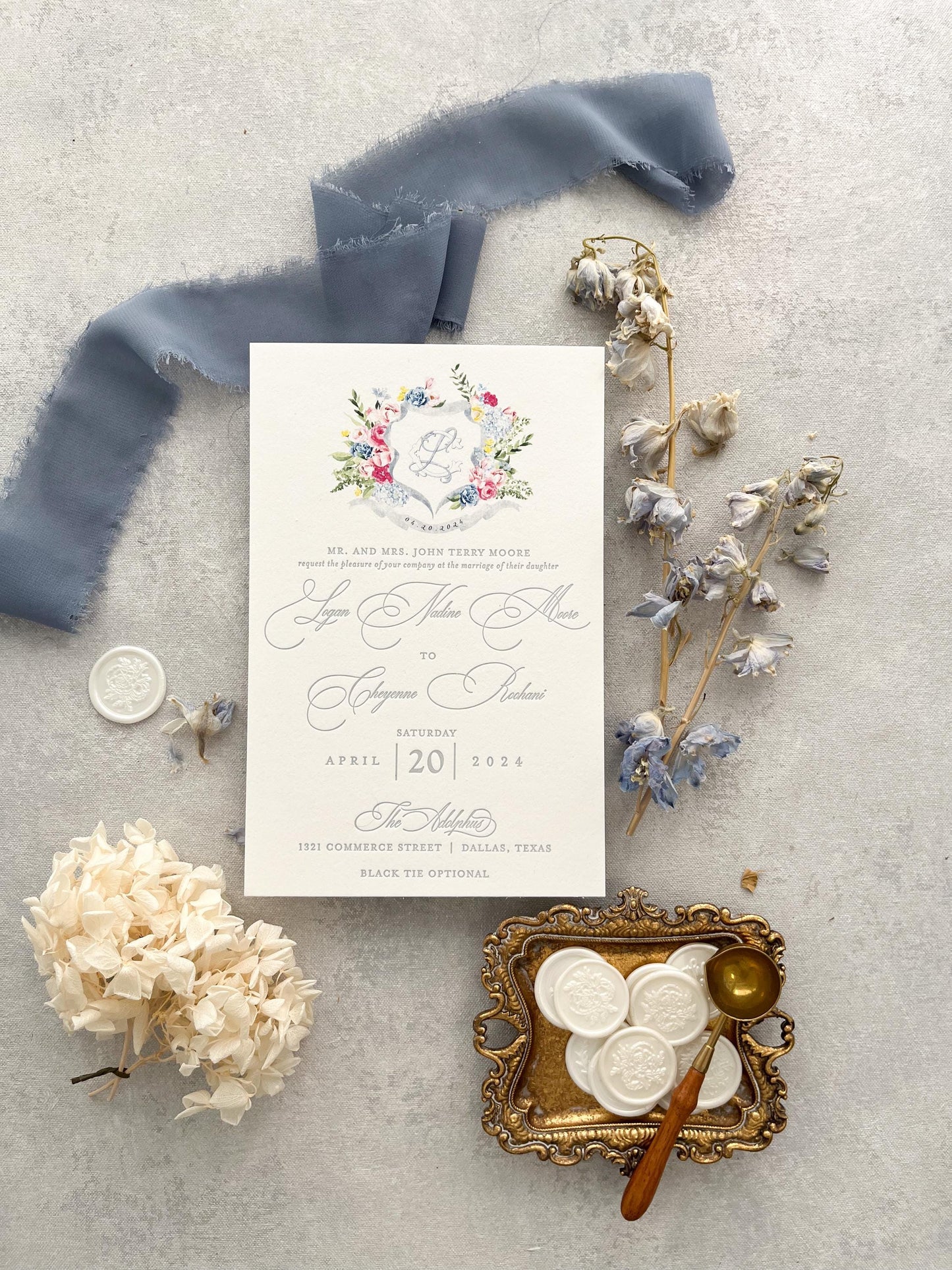 Letterpress Duplex Invitations with Watercolor Crest | Style 172