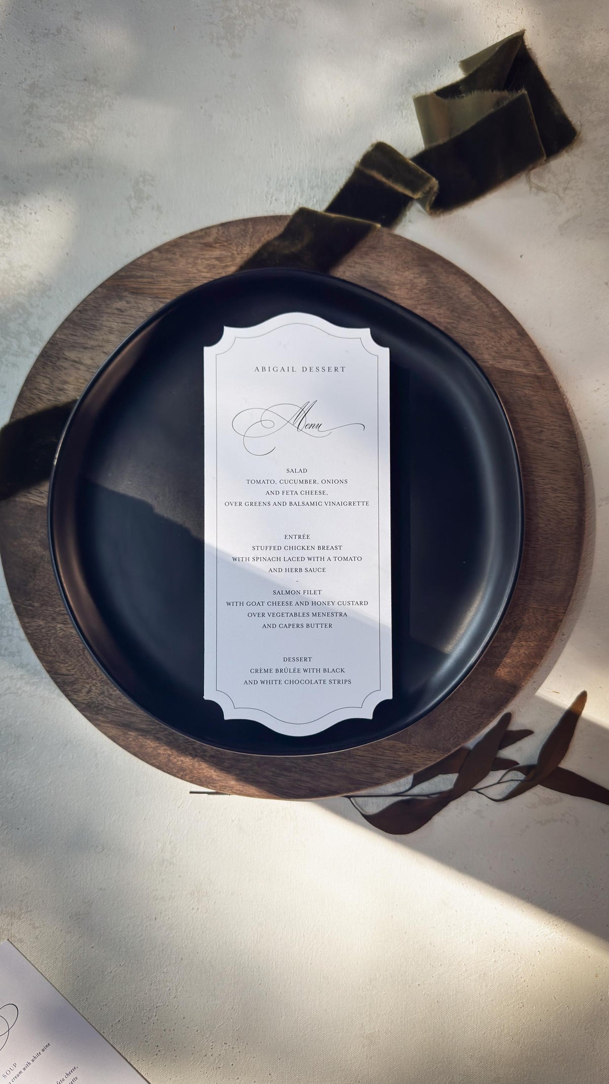 White Wedding Menu Place Cards: Formal Table Setting, Style 1695