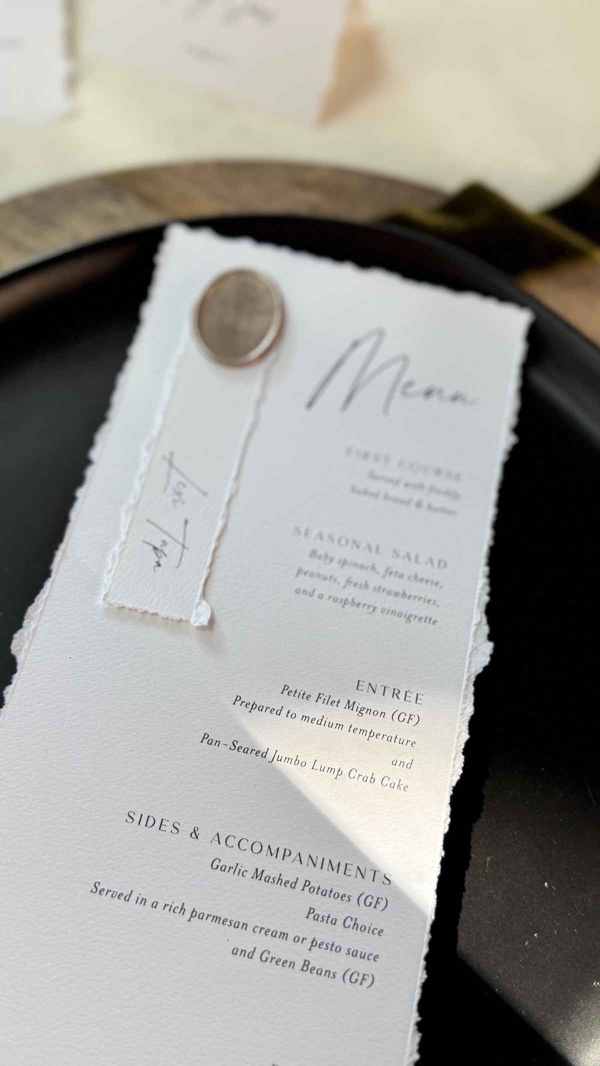 Deckled Edge Wedding Menus | Elegant Table Cards with Wax Seals - Style 283