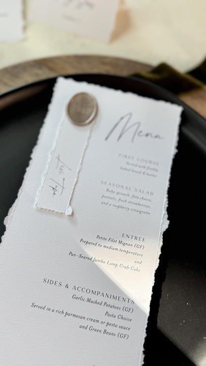 Deckled Edge Wedding Menus | Elegant Table Cards with Wax Seals - Style 283