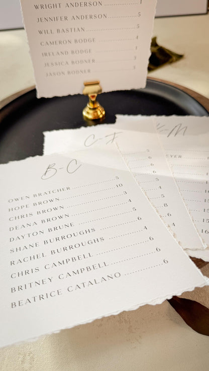 Wedding Seating Chart PRINTED - Alpha 5x7 on Textured Cardstock -  Deckle Edge Style 283