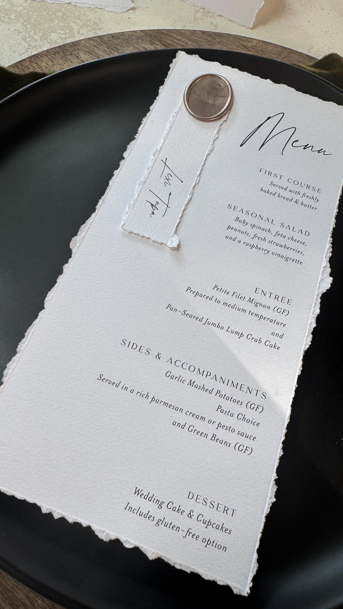 Deckled Edge Wedding Menus | Elegant Table Cards with Wax Seals - Style 283