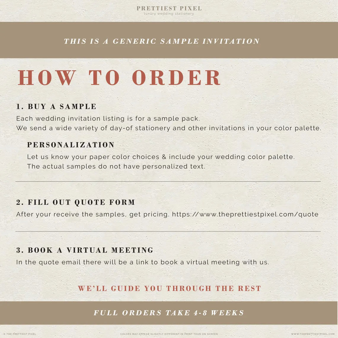The image is a generic sample invitation for a wedding invitation service. It provides instructions on how to order, including buying a sample, personalizing the samples, filling out a quote form, and booking a virtual meeting. The invitation also mentions that full orders take 4-8 weeks.