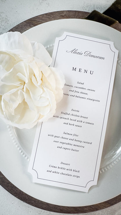 Elegant Wedding Menu Place Cards: Formal Table Setting, Style 3492