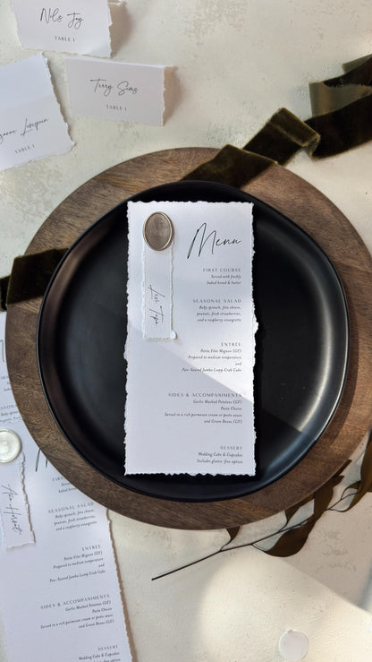 Deckled Edge Wedding Menus | Elegant Table Cards with Wax Seals - Style 283