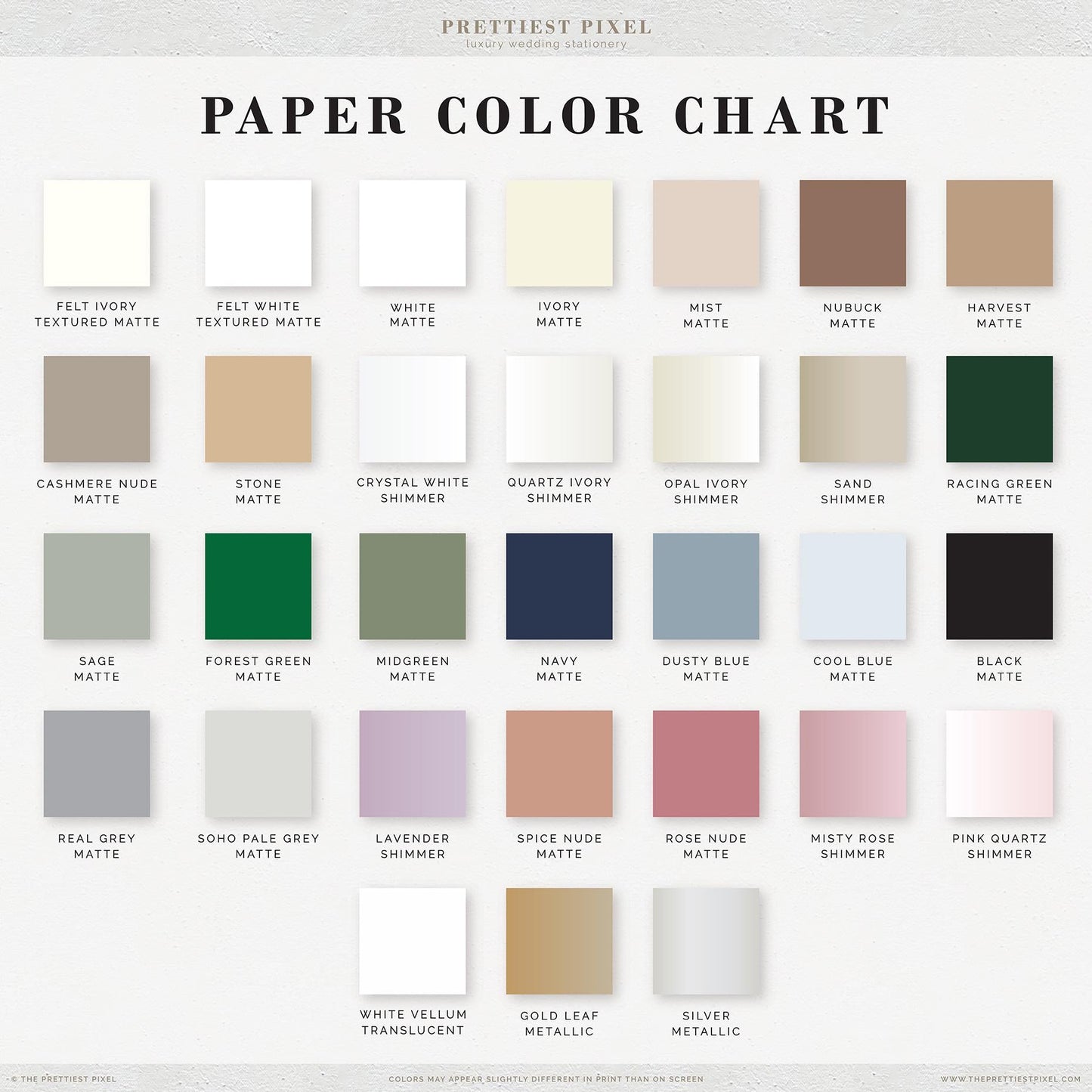 The image is a color chart that displays various shades of white, beige, and grey, along with some neutral and vibrant colors.