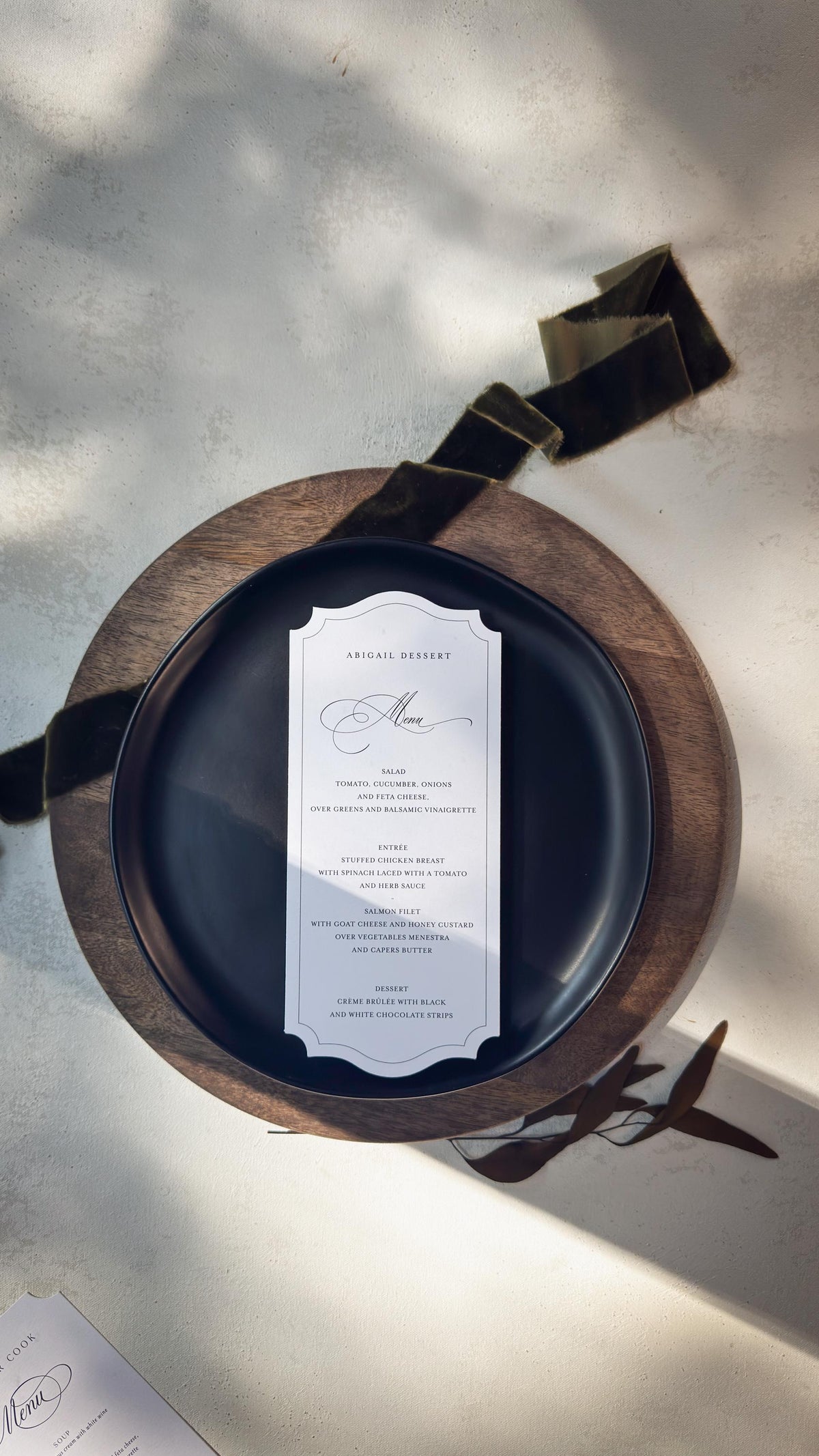 White Wedding Menu Place Cards: Formal Table Setting, Style 1695