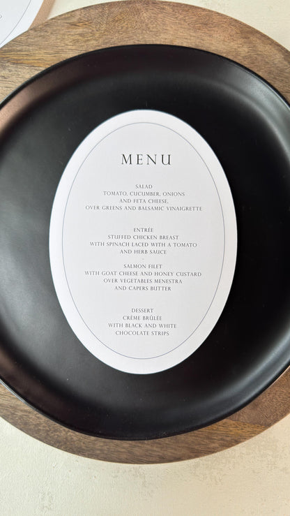 White Oval Wedding Menus | Table Menu Cards | Style 298