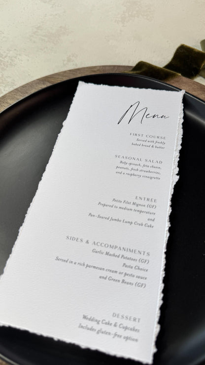 Deckle Edge Wedding Menu | Elegant Reception Table Decor - Style 283