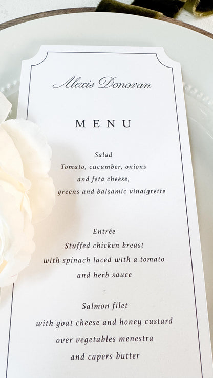 Elegant Wedding Menu Place Cards: Formal Table Setting, Style 3492