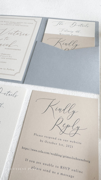 wedding invitation cards with elegant cursive text and a response card for guests to respond to the wedding invitation.