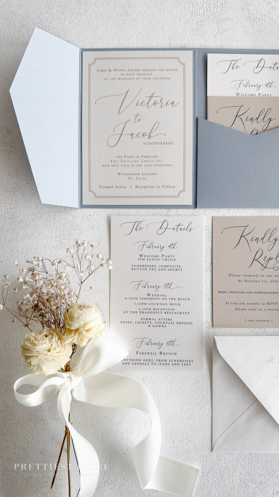 a wedding invitation suite with a blue and white color scheme, including a wedding invitation, a wedding invitation card, and a wedding invitation card. The invitation card has elegant cursive text and a ribbon bow, and the invitation card has a more formal design with a white background and black text. The wedding invitation card also includes a small bouquet of white flowers.