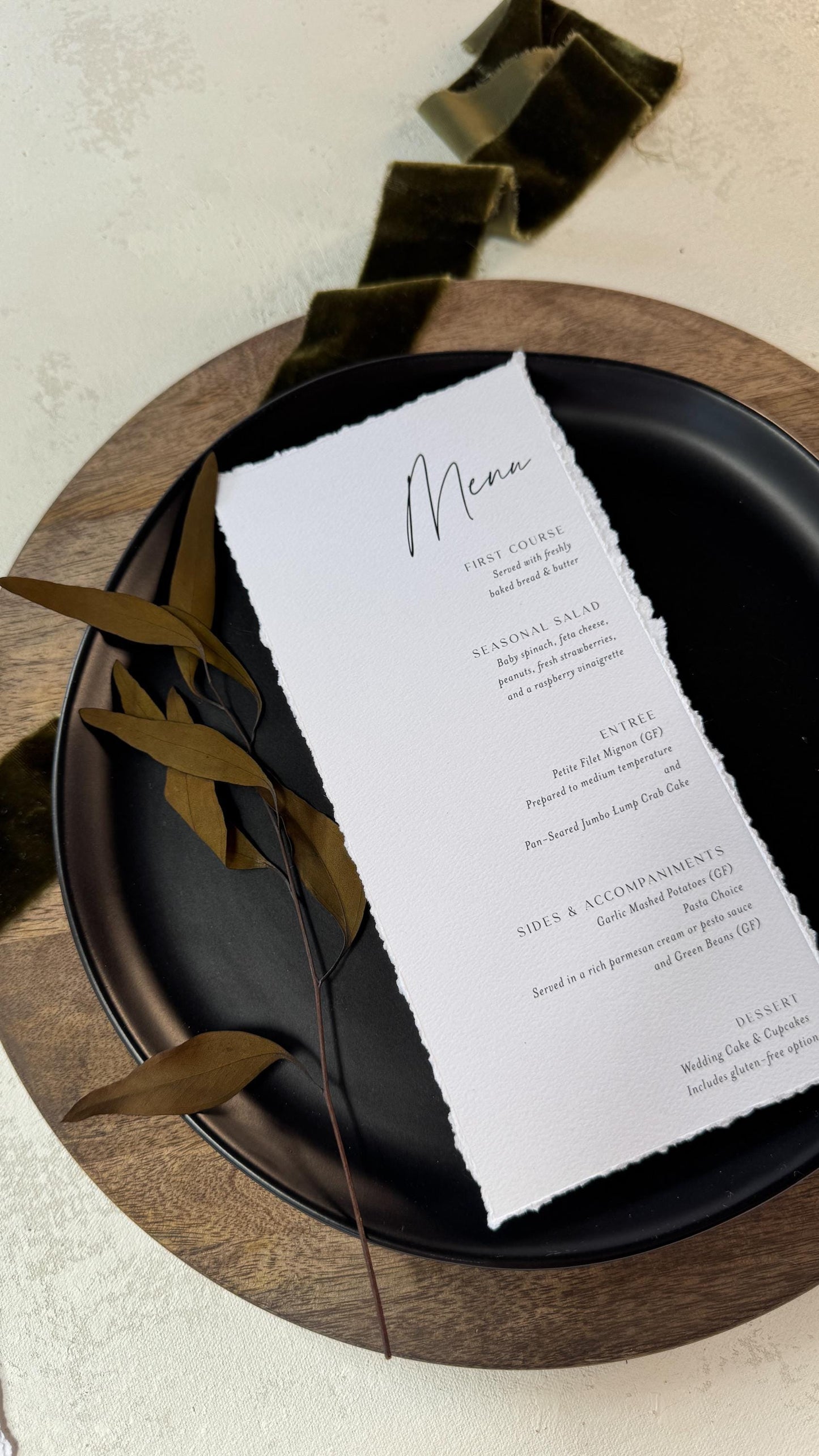 Deckle Edge Wedding Menu | Elegant Reception Table Decor - Style 283