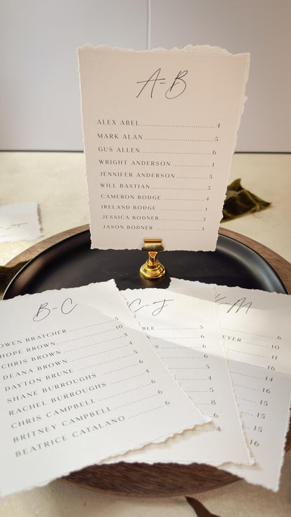 Wedding Seating Chart PRINTED - Alpha 5x7 on Textured Cardstock -  Deckle Edge Style 283