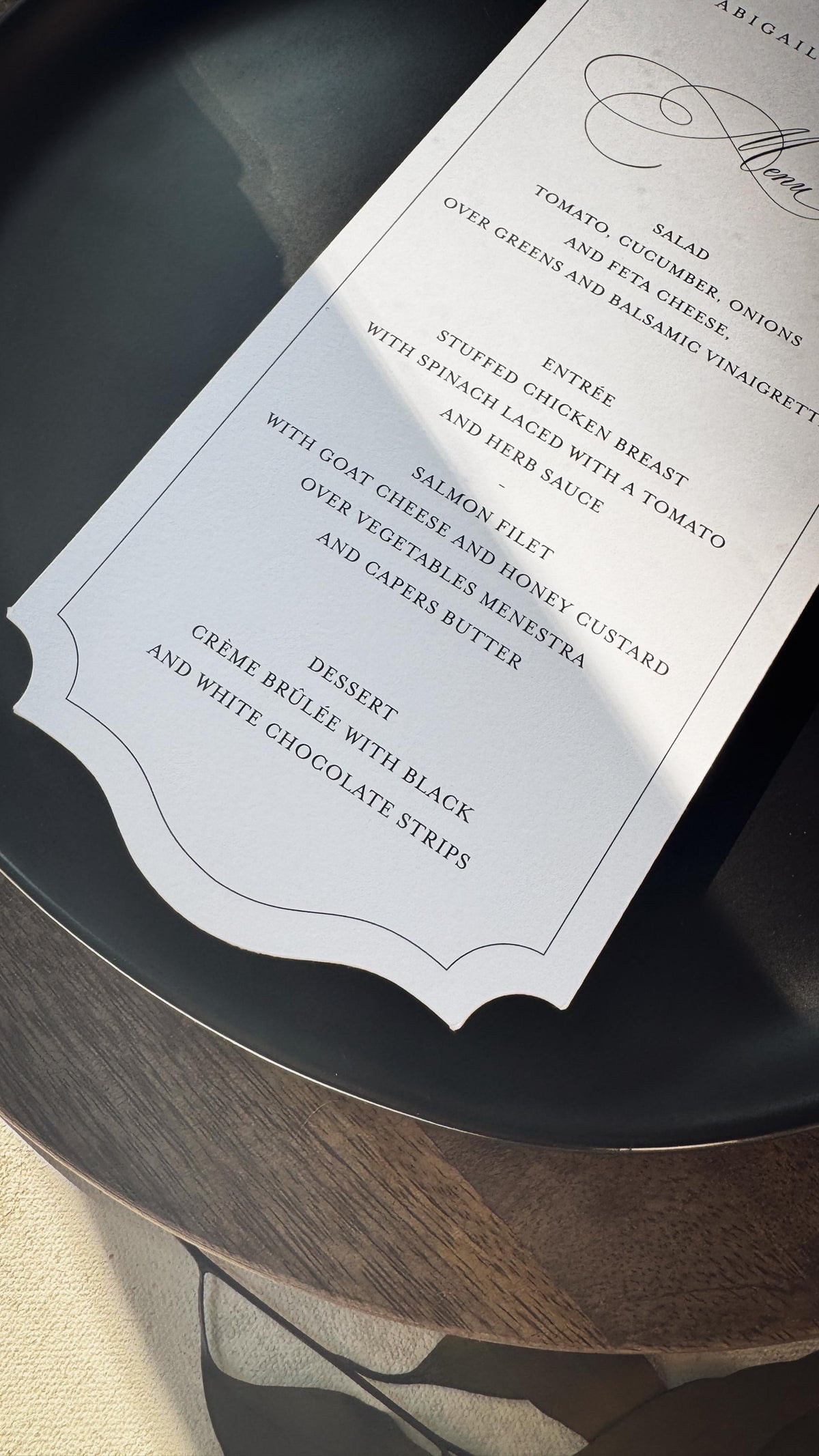 White Wedding Menu Place Cards: Formal Table Setting, Style 1695