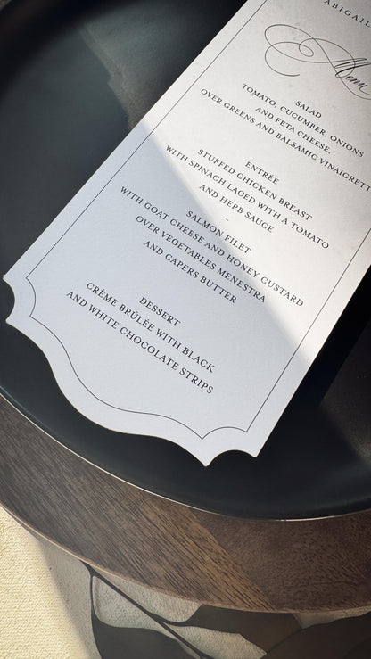 White Wedding Menu Place Cards: Formal Table Setting, Style 1695