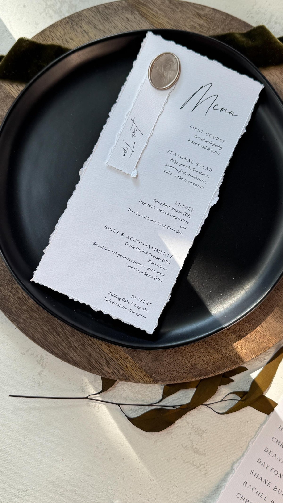 Deckled Edge Wedding Menus | Elegant Table Cards with Wax Seals - Style 283