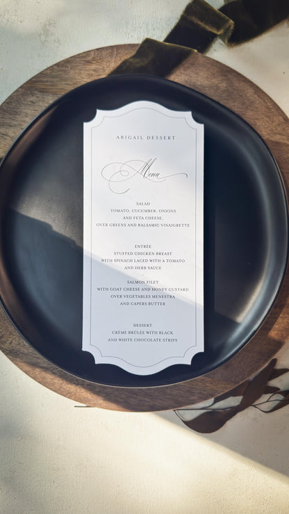 White Wedding Menu Place Cards: Formal Table Setting, Style 1695