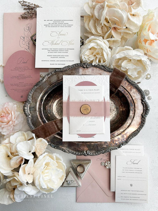 a collection of wedding-related items, including a wedding invitation, a wedding menu, and various floral arrangements.