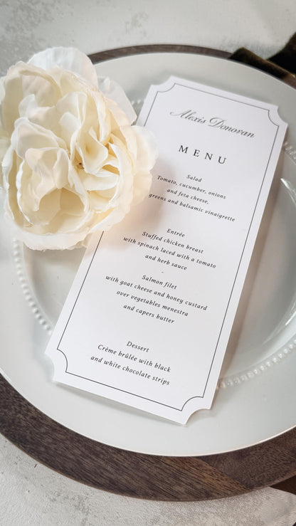 Elegant Wedding Menu Place Cards: Formal Table Setting, Style 3492