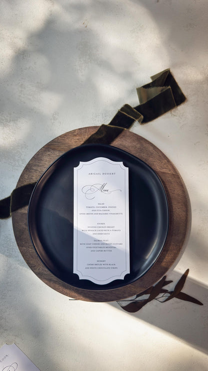 White Wedding Menu Place Cards: Formal Table Setting, Style 1695