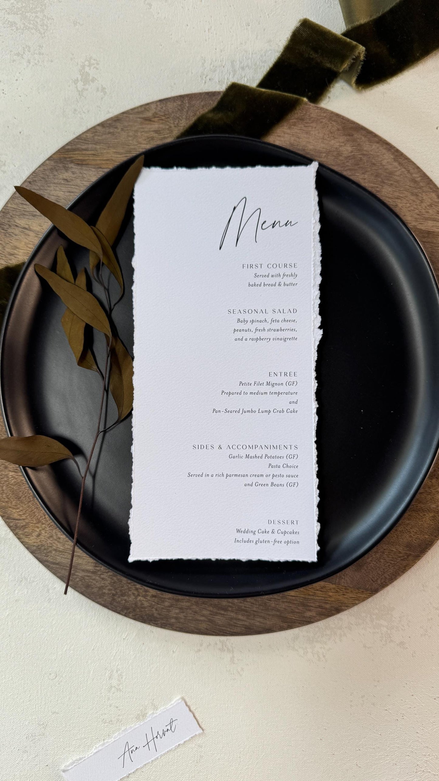 Deckle Edge Wedding Menu | Elegant Reception Table Decor - Style 283