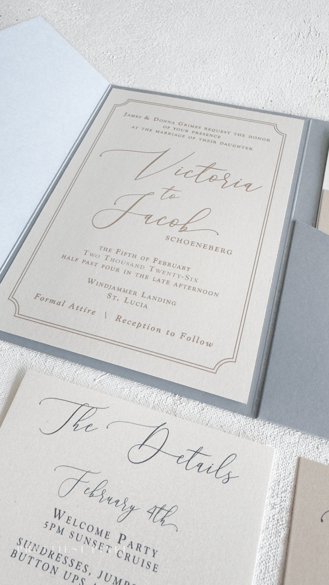 wedding invitations for a couple named Victoria and Jacob, with details about the wedding ceremony and reception.