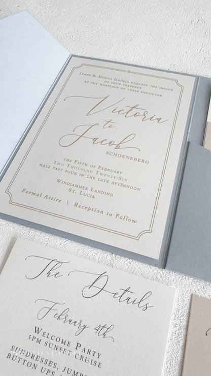 wedding invitations for a couple named Victoria and Jacob, with details about the wedding ceremony and reception.