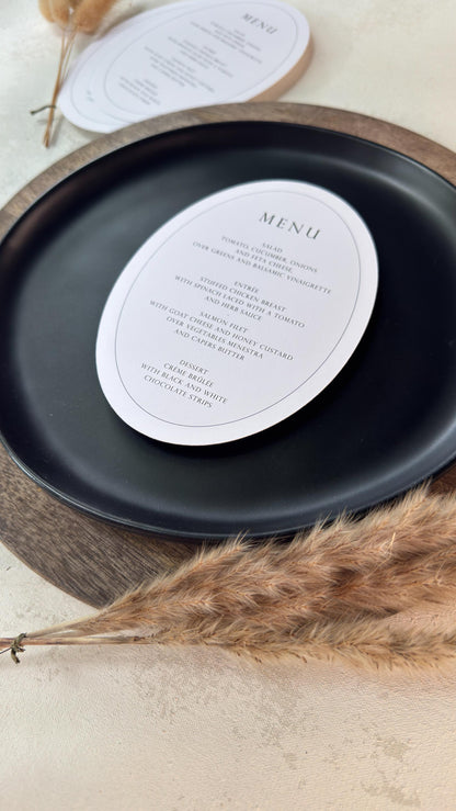 White Oval Wedding Menus | Table Menu Cards | Style 298