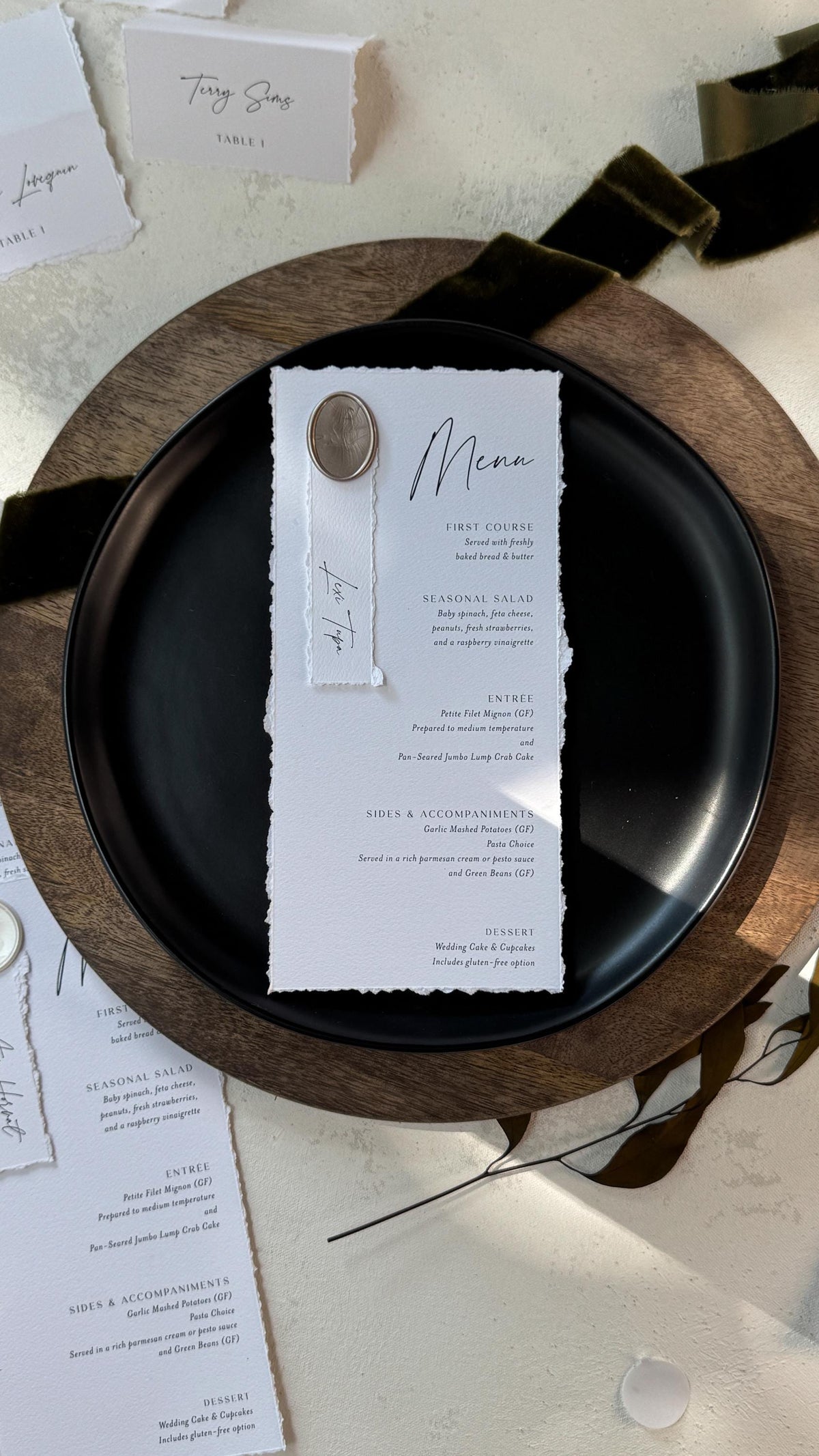 Deckled Edge Wedding Menus | Elegant Table Cards with Wax Seals - Style 283