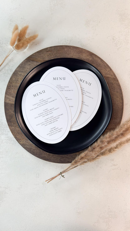 White Oval Wedding Menus | Table Menu Cards | Style 298