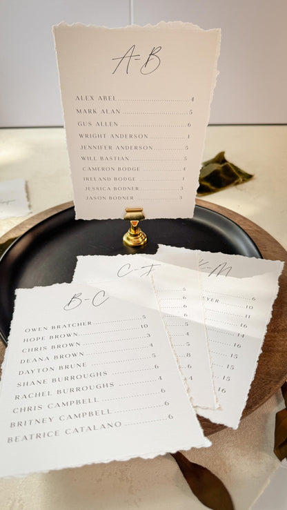 Wedding Seating Chart PRINTED - Alpha 5x7 on Textured Cardstock -  Deckle Edge Style 283