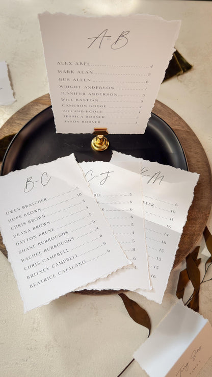 Wedding Seating Chart PRINTED - Alpha 5x7 on Textured Cardstock -  Deckle Edge Style 283