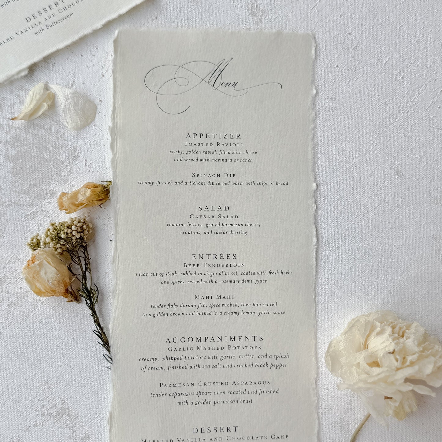 Wedding menu card on handmade paper