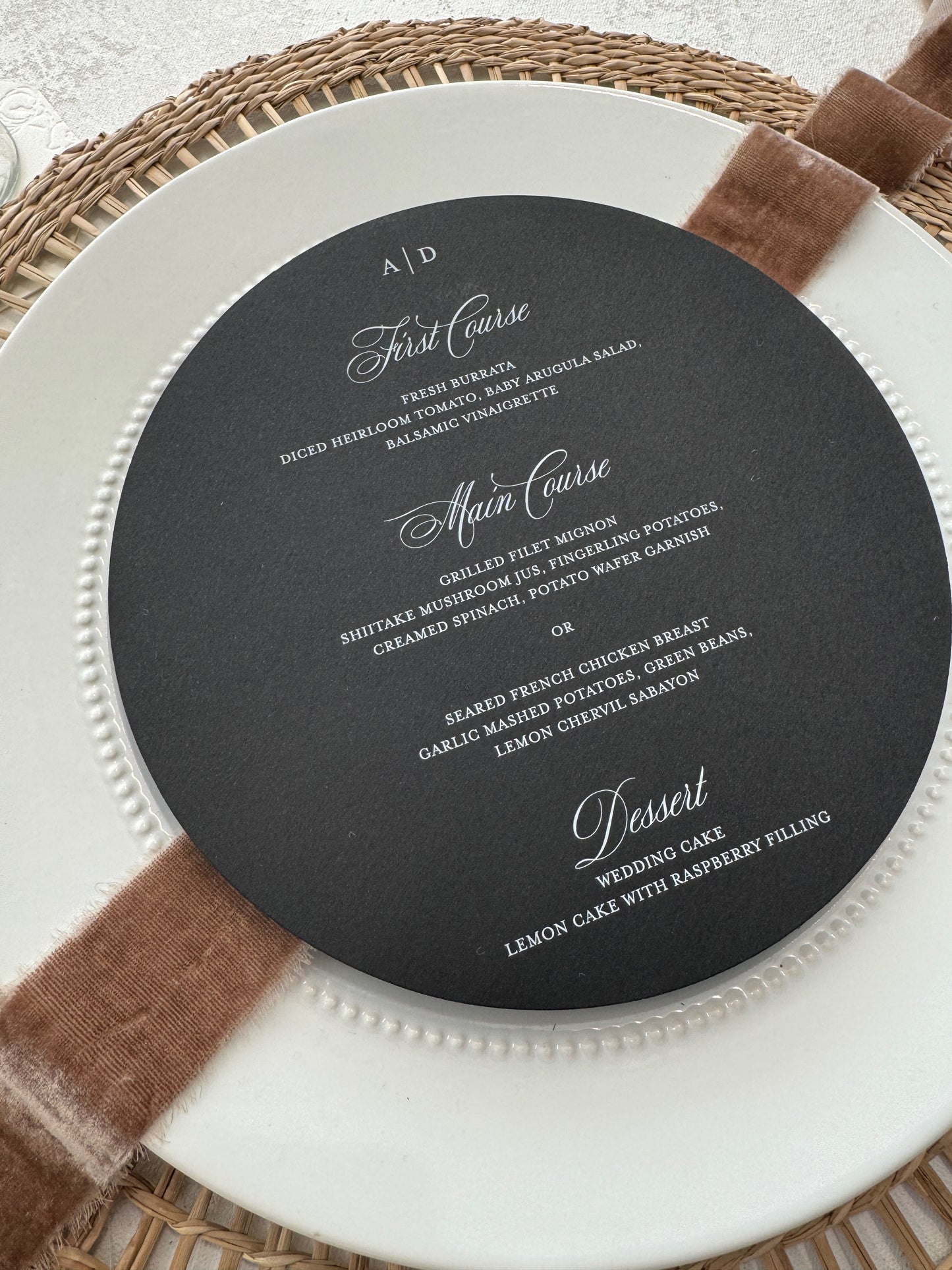 7.5" Round Wedding Menu - Formal Elegant Menu in Black with White Ink Style 222