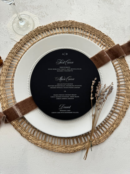 7.5" Round Wedding Menu - Formal Elegant Menu in Black with White Ink Style 222